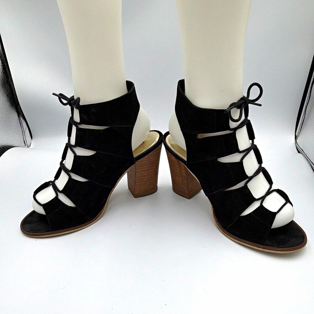 DIBA True Women’s Black Leather Strappy Lace-Up Cut-Out Open Toe Block Heel 9
